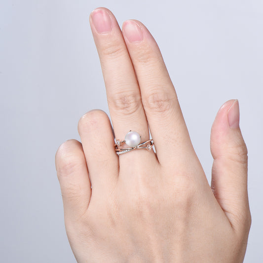 Unique Two Tone Pearl Engagement Ring , Split Shank Twisted Diamond Band