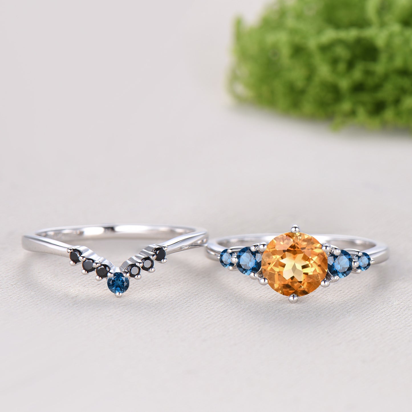 Dainty Natural Citrine Engagement Ring, Five Stone London Blue Topaz Wedding Band, November Birthstone Bridal Set