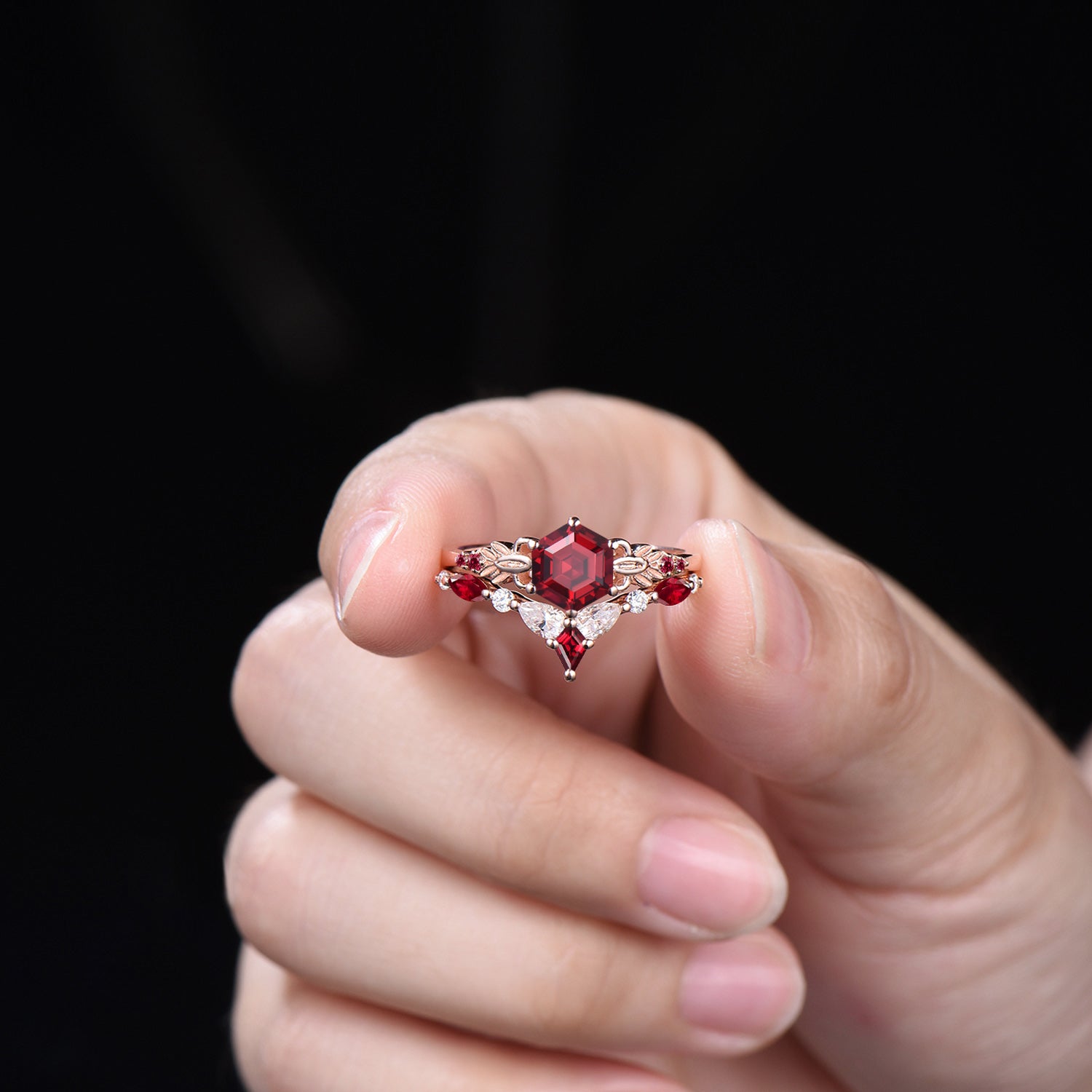 Nature Inspired Ruby Engagement Ring Set Art Deco Floral Flower Moissanite Wedding Set For Women (Copy) - PENFINE