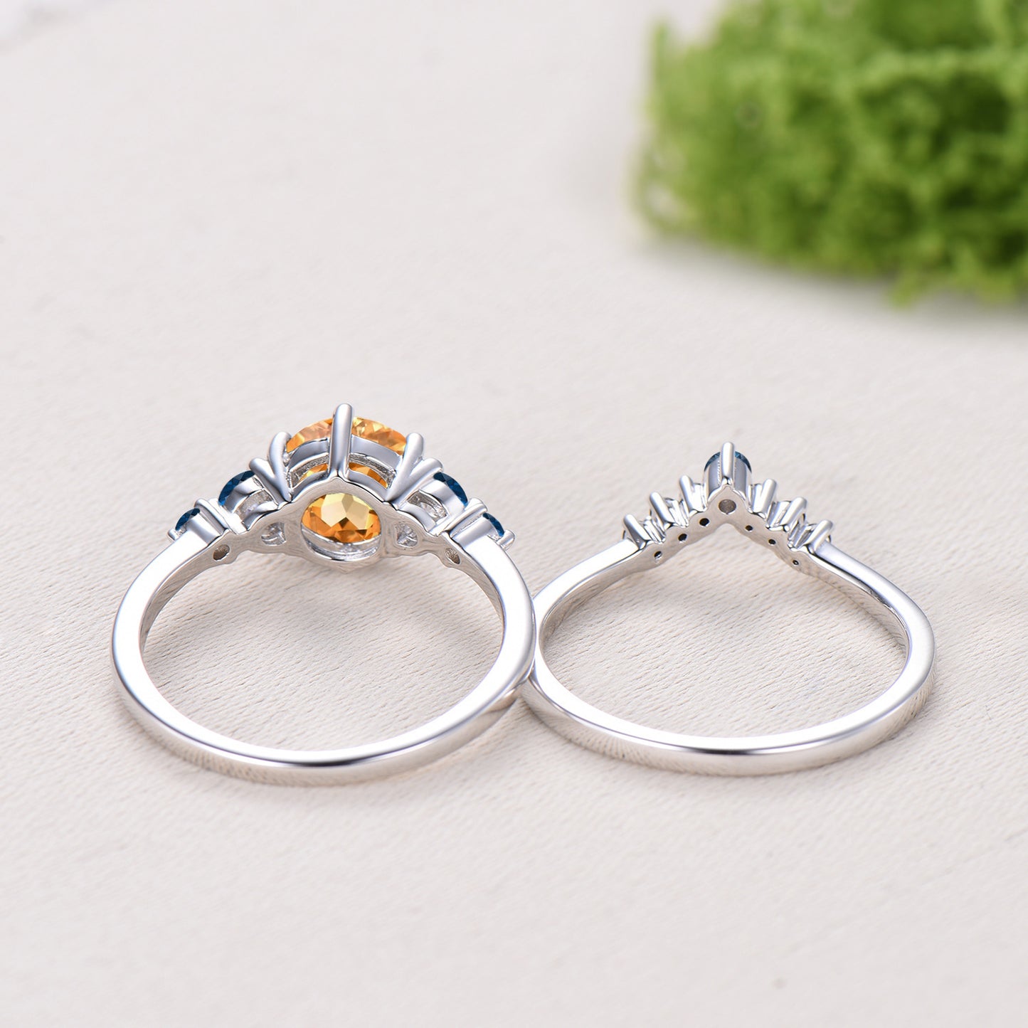 Dainty Natural Citrine Engagement Ring, Five Stone London Blue Topaz Wedding Band, November Birthstone Bridal Set