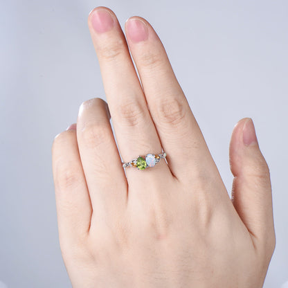 Multi Gems Pear Cut Natural Peridot Oval Cut Opal Toi et Moi Ring,Citrine Cluster Engagement Ring