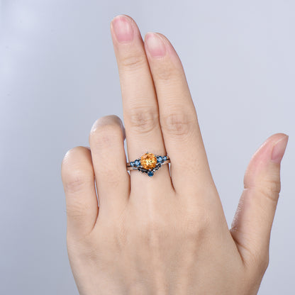 Dainty Natural Citrine Engagement Ring, Five Stone London Blue Topaz Wedding Band, November Birthstone Bridal Set