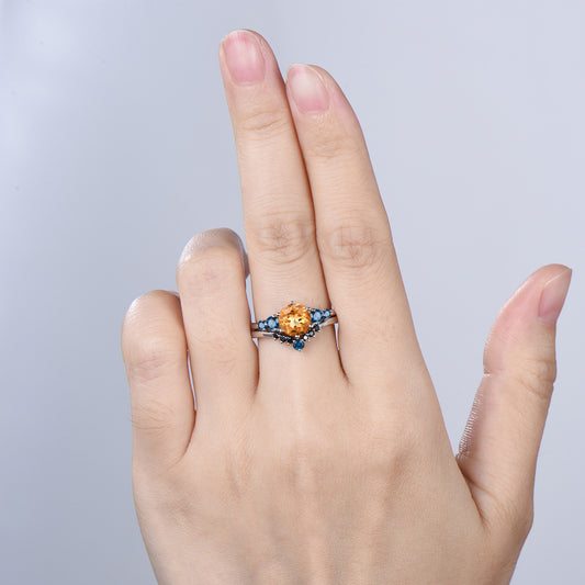 Dainty Natural Citrine Engagement Ring, Five Stone London Blue Topaz Wedding Band, November Birthstone Bridal Set