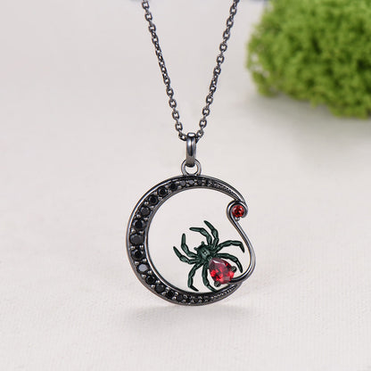 Unique Gothic Spider Crescent Moon Garnet Necklace Black Gold