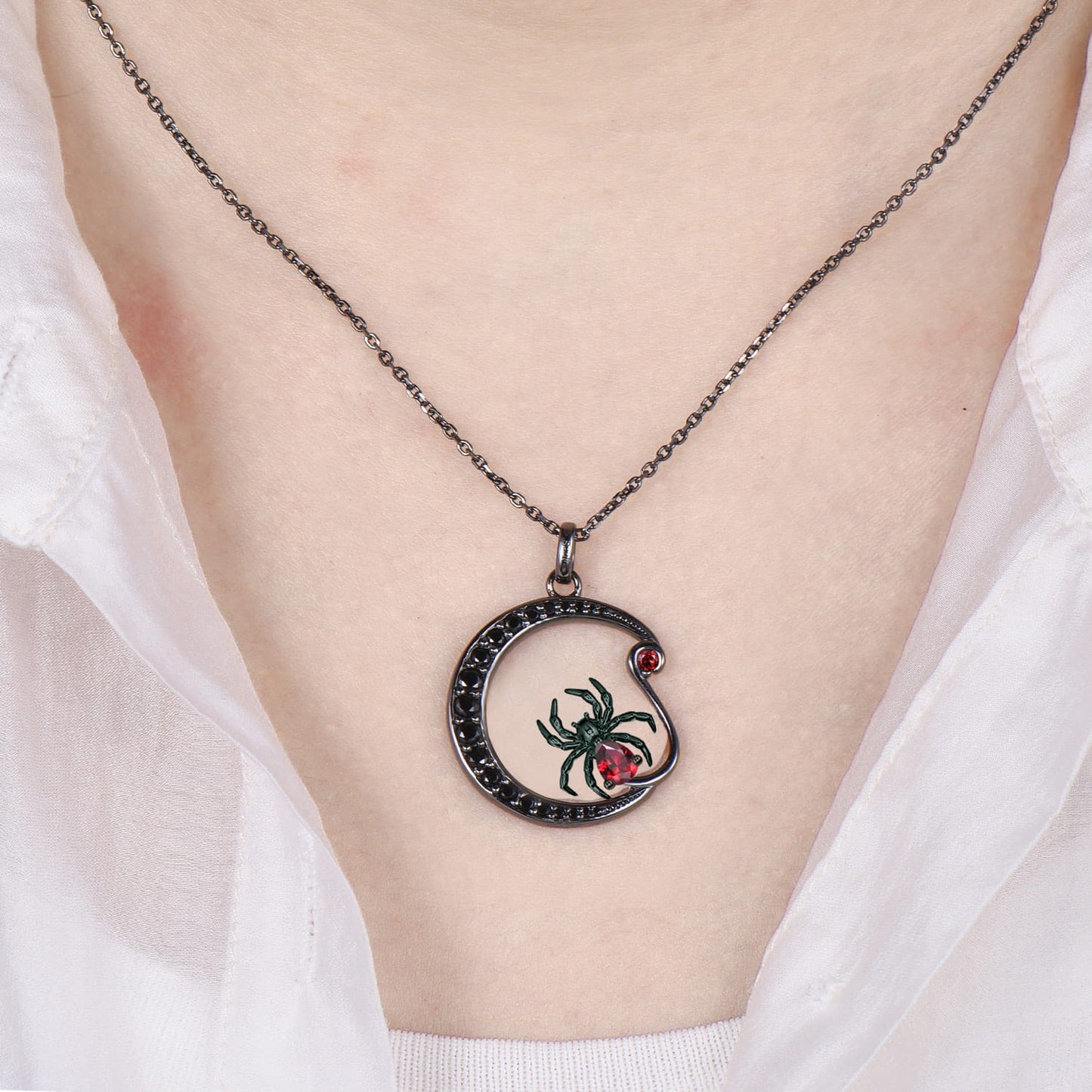 Unique Gothic Spider Crescent Moon Garnet Necklace Black Gold