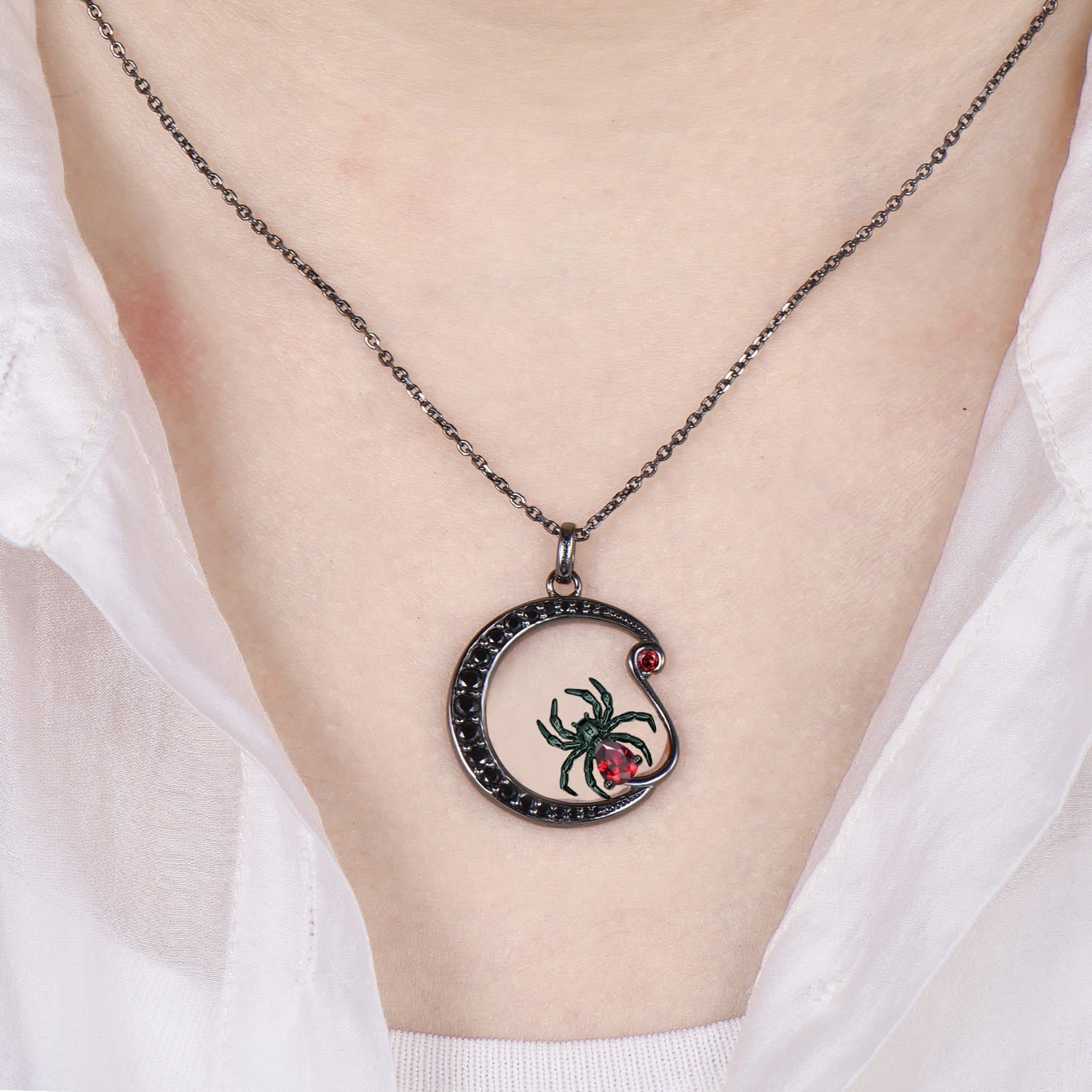 Unique Gothic Spider Crescent Moon Garnet Necklace Black Gold