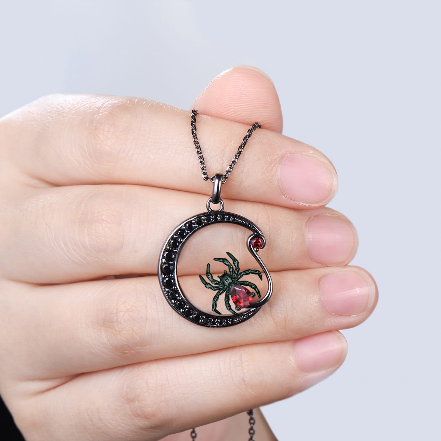 Unique Gothic Spider Crescent Moon Garnet Necklace Black Gold