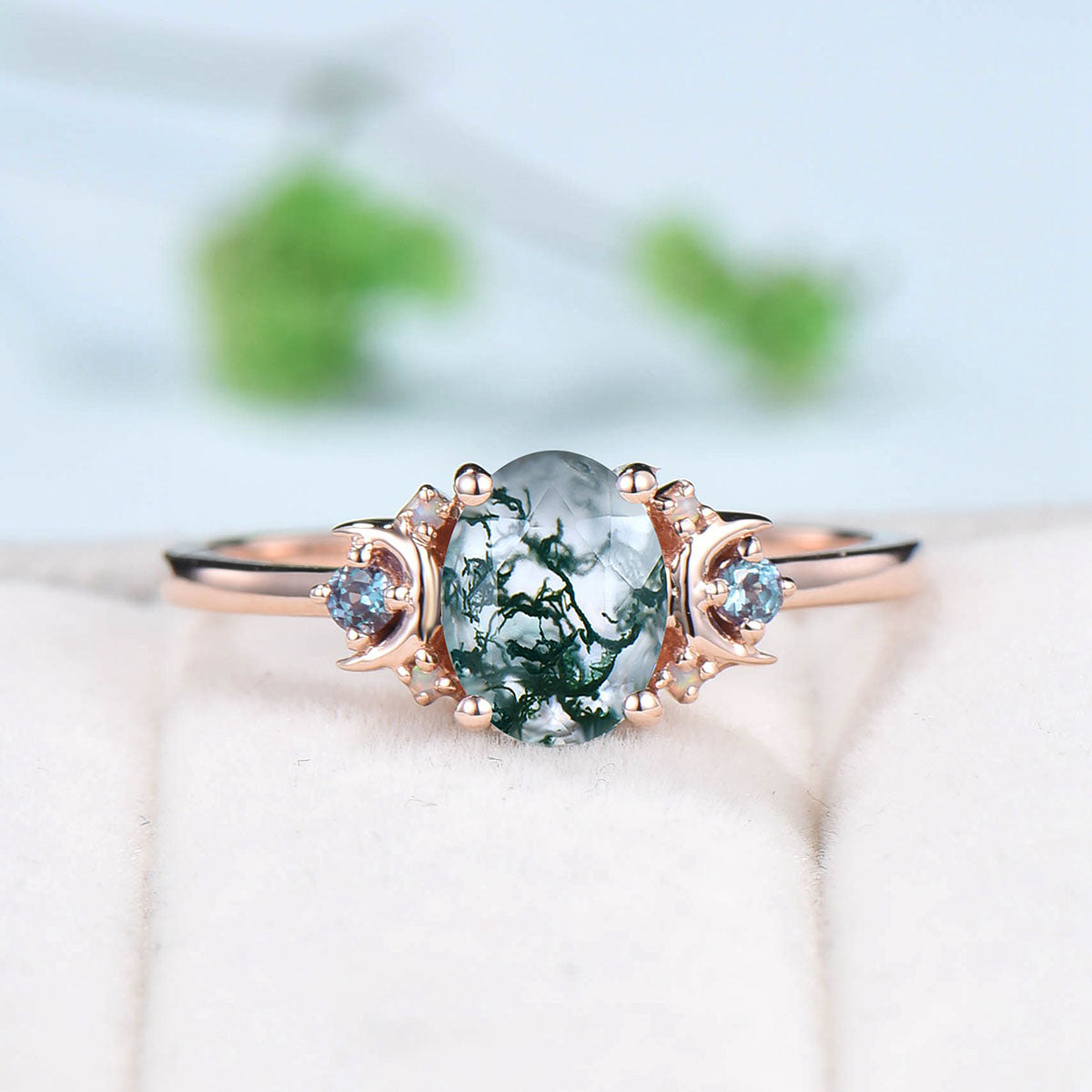 Vintage Moon Green Agate Ring Unique Nature Inspired Moss Agate Engagement Ring Alternative Cute Alexandrite Opal Wedding Ring For Women - PENFINE