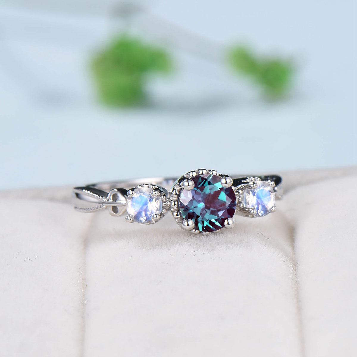 Alexandrite ring vintage round Alexandrite engagement ring three stone moonstone ring rose gold for women promise ring unique wedding ring - PENFINE