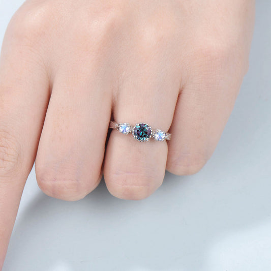 Alexandrite ring vintage round Alexandrite engagement ring three stone moonstone ring rose gold for women promise ring unique wedding ring - PENFINE
