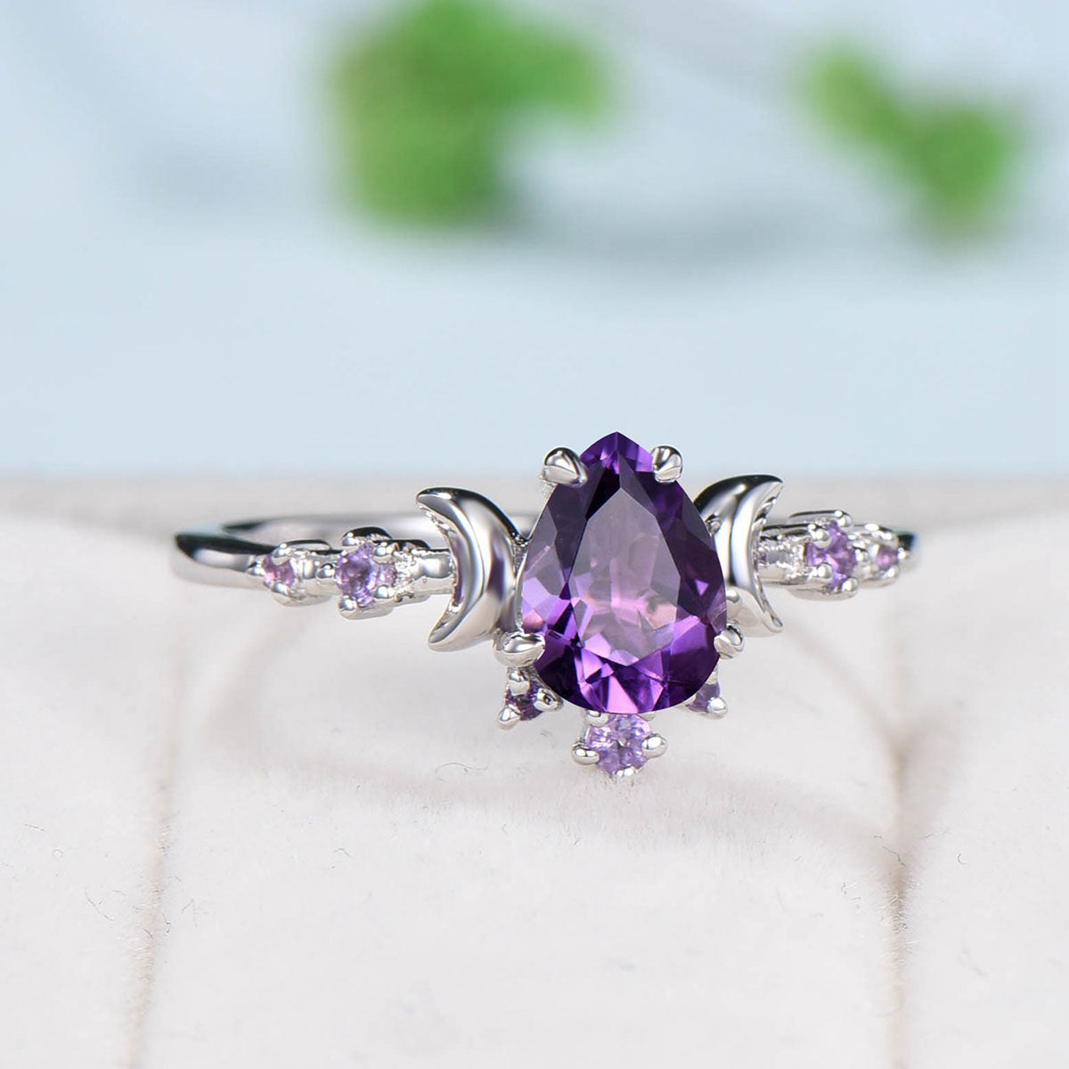 Pear shaped Amethyst engagement ring Unique Yellow gold engagement ring ring Vintage Moissanite cluster engagement ring Bridal Ring best