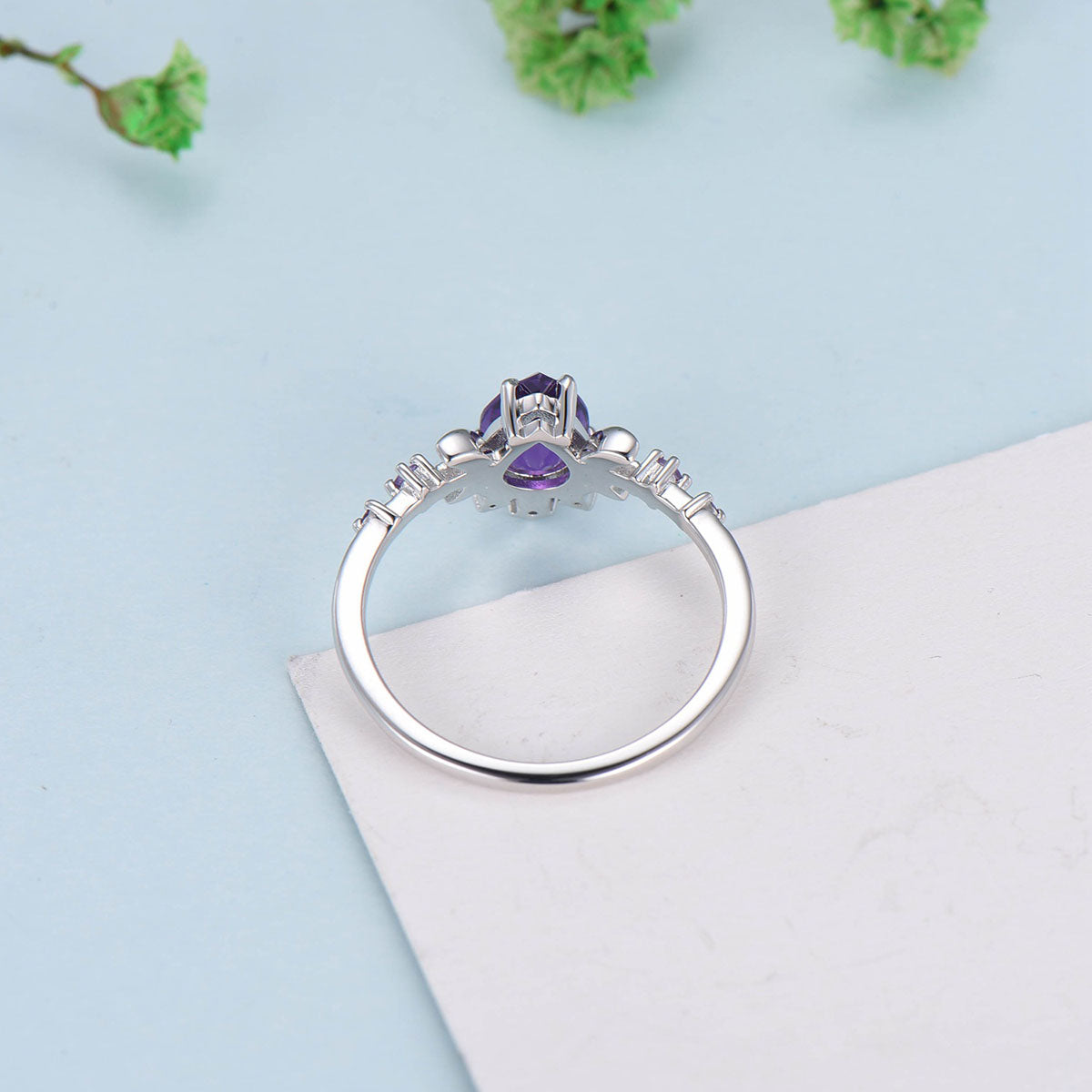 Vintage Pear Shaped Amethyst Engagement Ring Unique Crescent moon Purple amethyst gold wedding ring women celestial anniversary gift for her - PENFINE