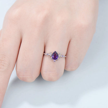 Vintage Pear Shaped Amethyst Engagement Ring Unique Crescent moon Purple amethyst gold wedding ring women celestial anniversary gift for her - PENFINE