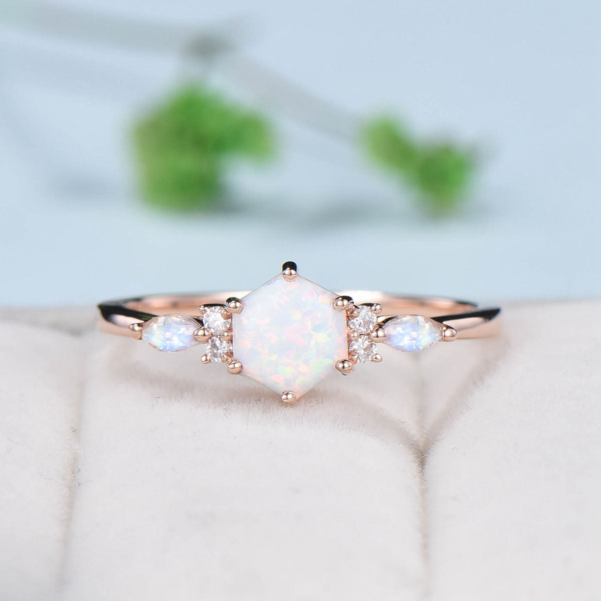Hexagon Cut Opal Ring For Women Elegant Opal Engagement Ring Gold Art Deco Marquise Moonstone Wedding Ring Unique Cluster Moissanite Ring - PENFINE