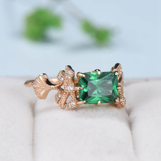 Vintage Emerald Cut Emerald Ring Rose Gold 2CT East To West Engagement Ring Unique Ginkgo Wedding Ring For Women 8 Prong Retro Promise Gift - PENFINE
