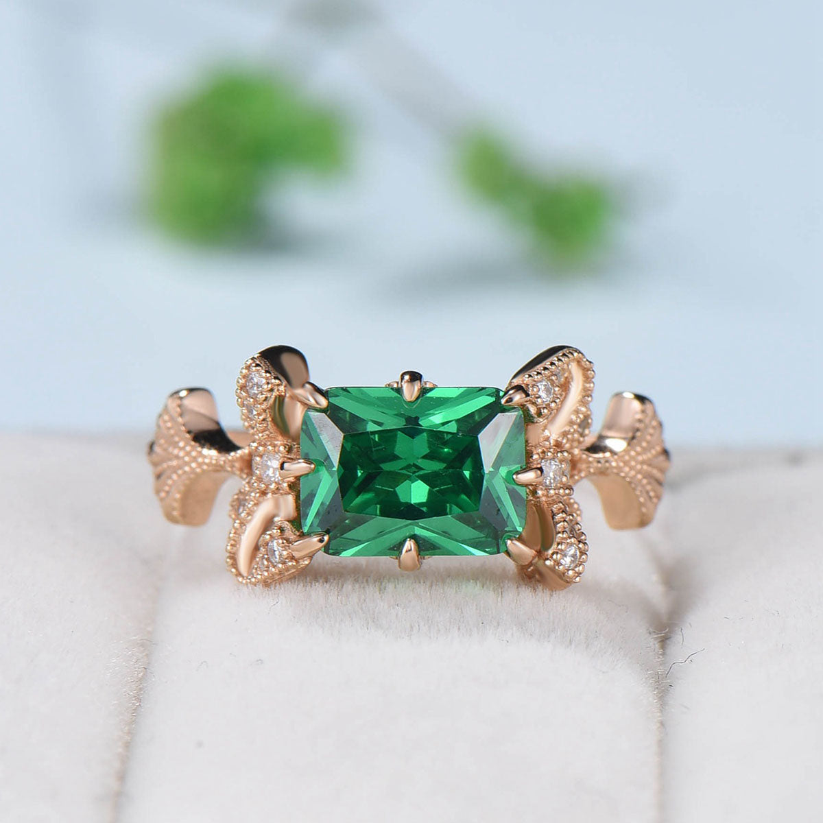 Vintage Emerald Cut Emerald Ring Rose Gold 2CT East To West Engagement Ring Unique Ginkgo Wedding Ring For Women 8 Prong Retro Promise Gift - PENFINE