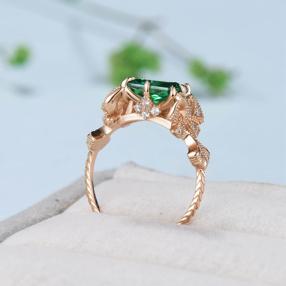 Vintage Emerald Cut Emerald Ring Rose Gold 2CT East To West Engagement Ring Unique Ginkgo Wedding Ring For Women 8 Prong Retro Promise Gift - PENFINE