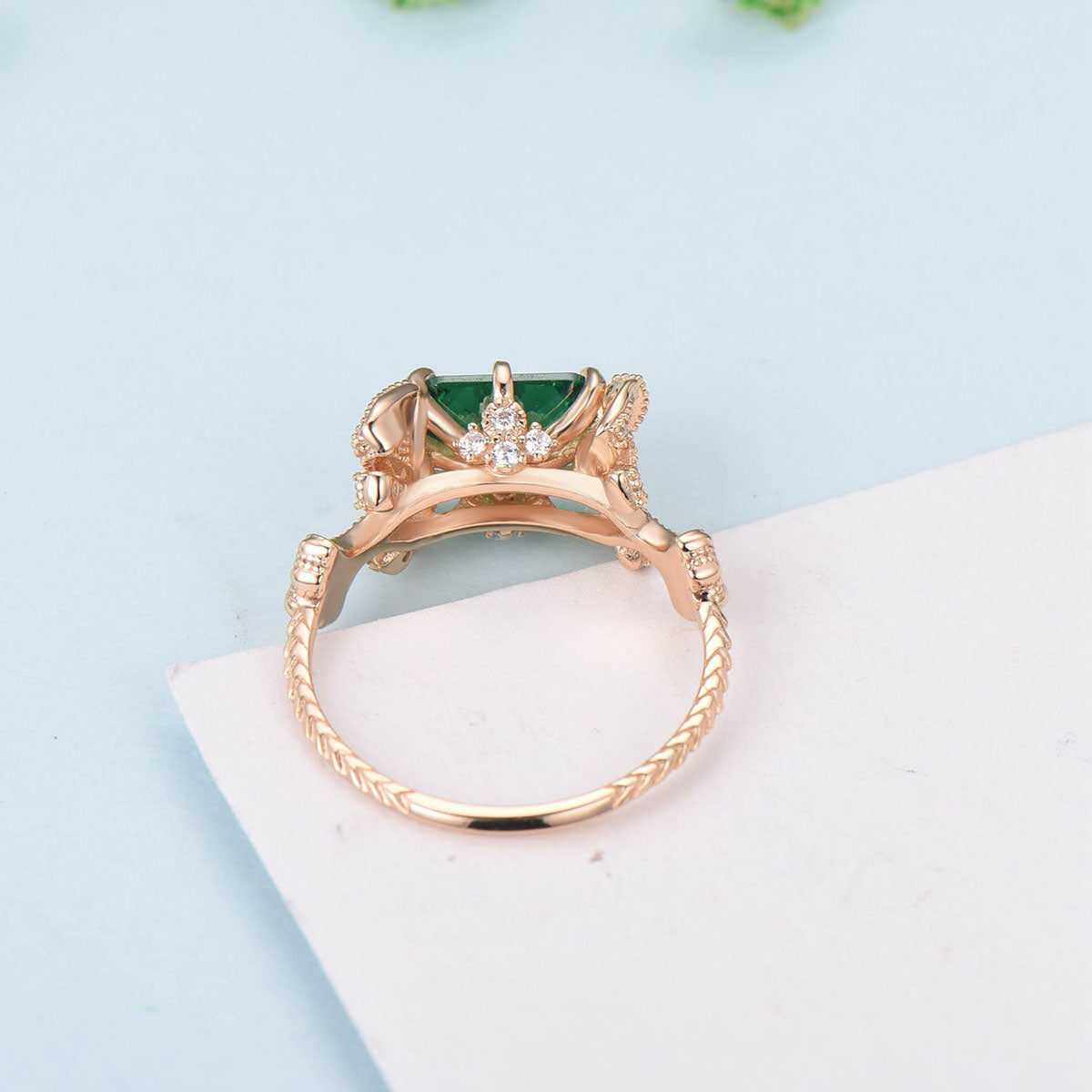 Vintage Emerald Cut Emerald Ring Rose Gold 2CT East To West Engagement Ring Unique Ginkgo Wedding Ring For Women 8 Prong Retro Promise Gift - PENFINE