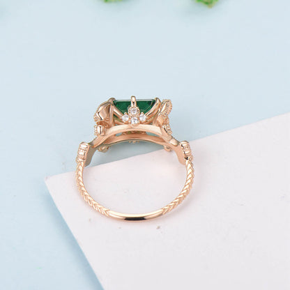 Vintage Emerald Cut Emerald Ring Rose Gold 2CT East To West Engagement Ring Unique Ginkgo Wedding Ring For Women 8 Prong Retro Promise Gift - PENFINE