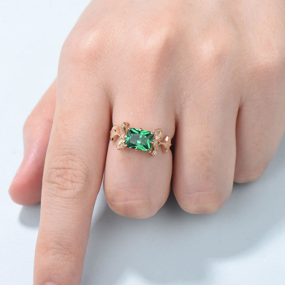 Vintage Emerald Cut Emerald Ring Rose Gold 2CT East To West Engagement Ring Unique Ginkgo Wedding Ring For Women 8 Prong Retro Promise Gift - PENFINE