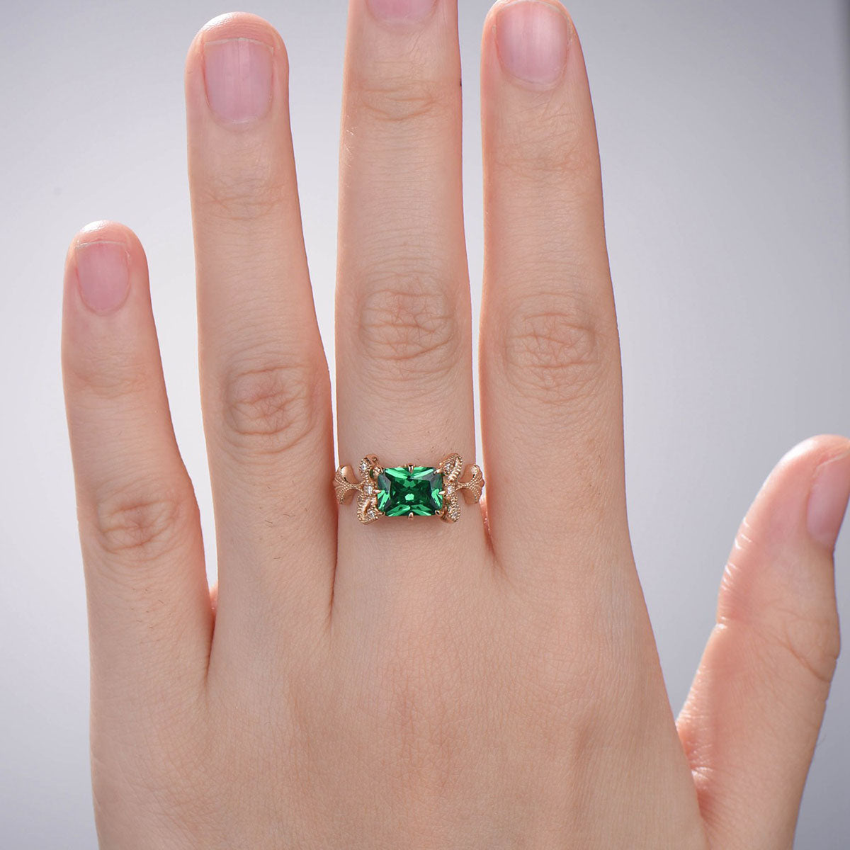 Vintage Emerald Cut Emerald Ring Rose Gold 2CT East To West Engagement Ring Unique Ginkgo Wedding Ring For Women 8 Prong Retro Promise Gift - PENFINE