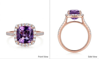 8x8mm cushion cut  amethyst engagement ring accent diamonds 14K white gold, Size 6.5