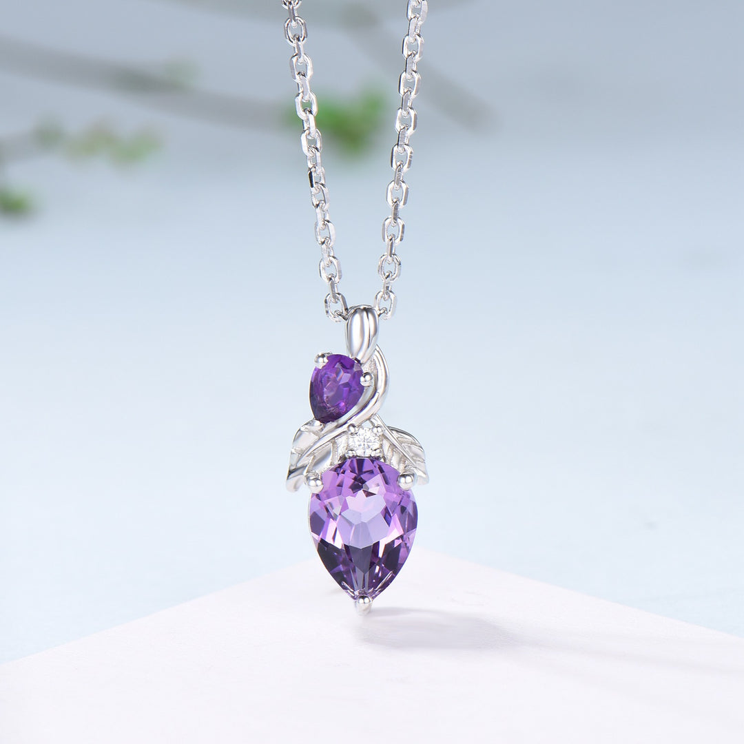Unique Pear Shaped Purple Sapphire Pendant Necklace Nature Inspired Leaves Necklace Branch Leaf Vine Necklace Anniversary gift for Daughter - PENFINE