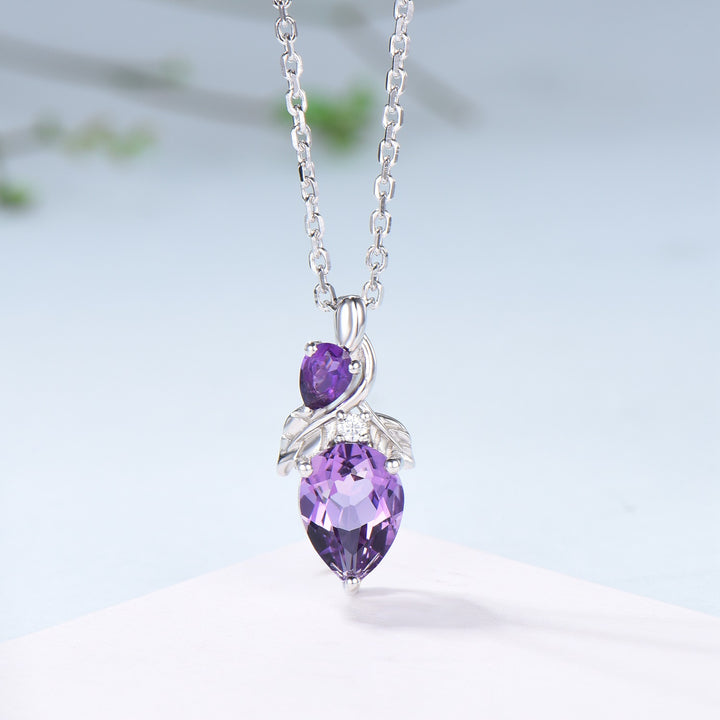 Unique Pear Shaped Purple Sapphire Pendant Necklace Nature Inspired Leaves Necklace Branch Leaf Vine Necklace Anniversary gift for Daughter - PENFINE