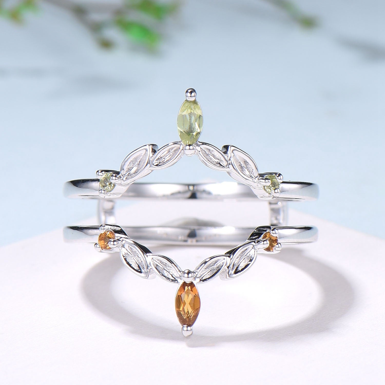 Vintage Citrine Peridot Wedding Band Ring Ladies Wedding Ring Women Unique Enhancer Stacking Bridal Matching Ring Rose Gold Anniversary Gift - PENFINE