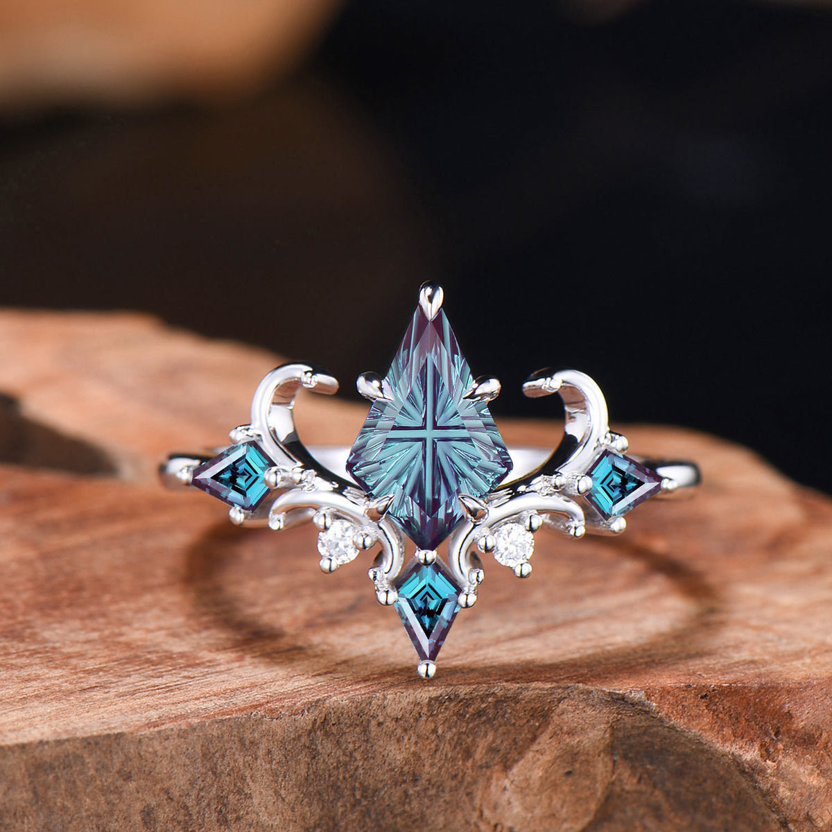 Act Deco Kite Shaped Fantasy Cut Color-change Alexandrite White Gold Engagement Ring