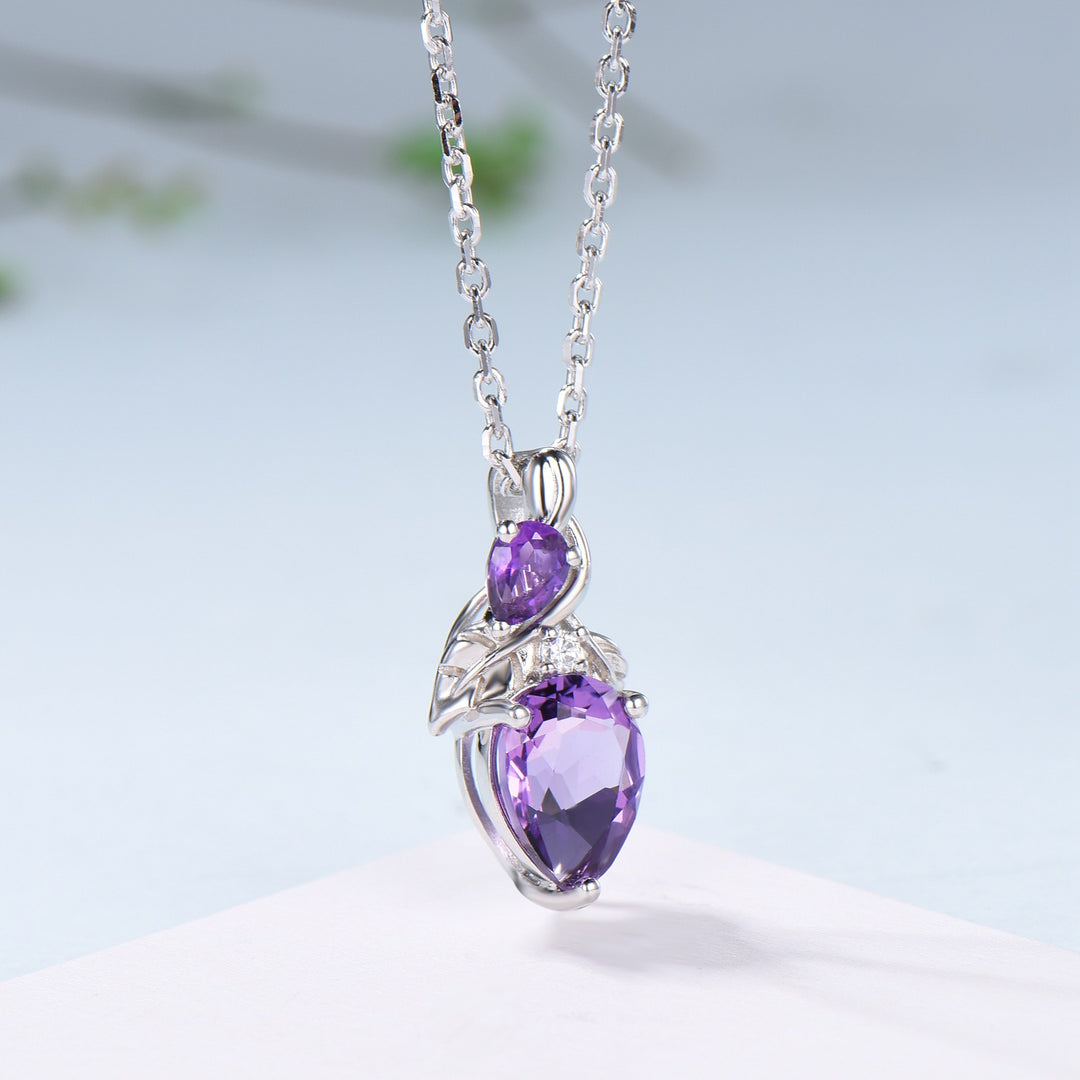 Unique Pear Shaped Purple Sapphire Pendant Necklace Nature Inspired Leaves Necklace Branch Leaf Vine Necklace Anniversary gift for Daughter - PENFINE