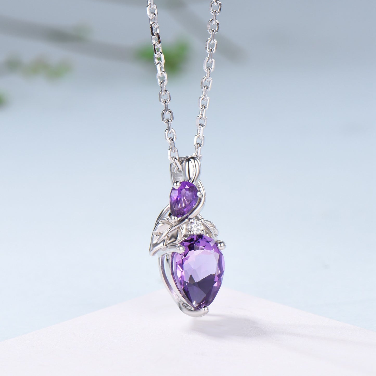 Unique Pear Shaped Purple Sapphire Pendant Necklace Nature Inspired Leaves Necklace Branch Leaf Vine Necklace Anniversary gift for Daughter - PENFINE