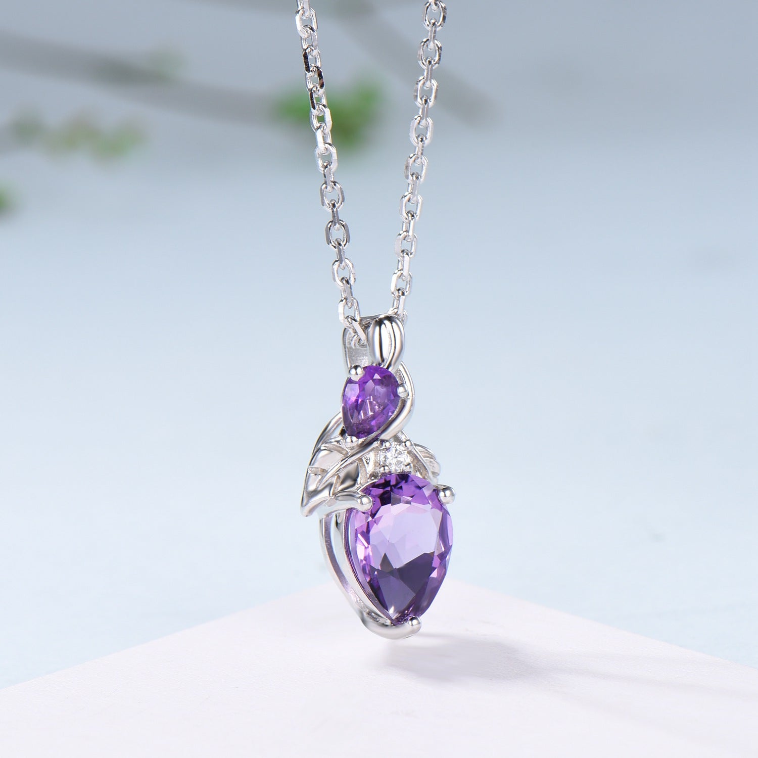 Unique Pear Shaped Purple Sapphire Pendant Necklace Nature Inspired Leaves Necklace Branch Leaf Vine Necklace Anniversary gift for Daughter - PENFINE