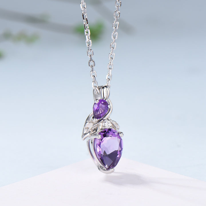 Unique Pear Shaped Purple Sapphire Pendant Necklace Nature Inspired Leaves Necklace Branch Leaf Vine Necklace Anniversary gift for Daughter - PENFINE
