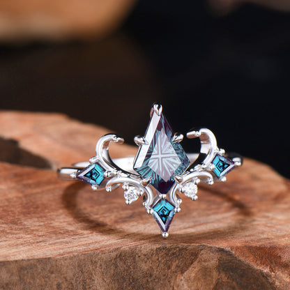 Act Deco Kite Shaped Fantasy Cut Color-change Alexandrite White Gold Engagement Ring