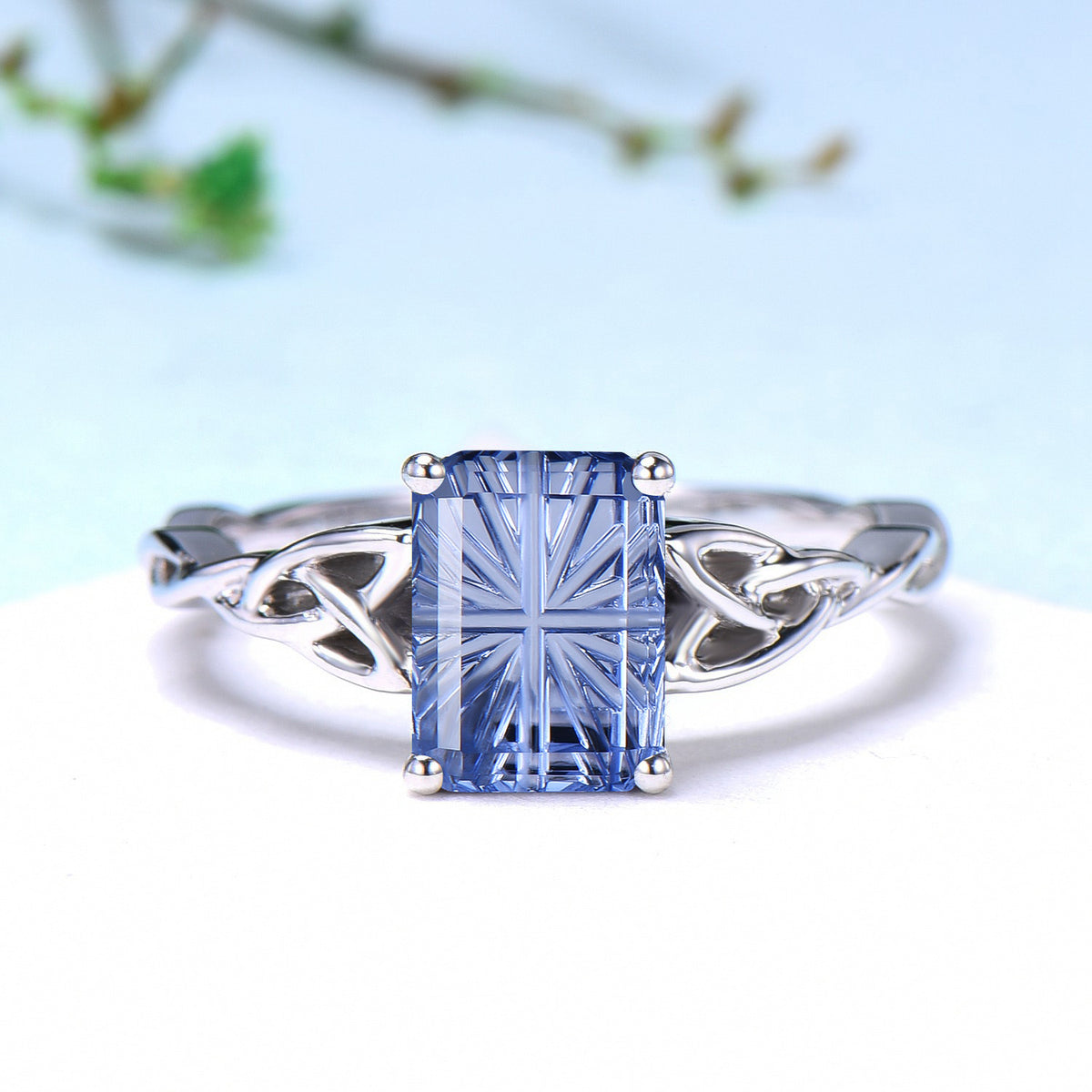 Unique Fantasy Cut Cornflower Blue Sapphire Celtic Knot Engagement Ring Solitaire Wedding Ring
