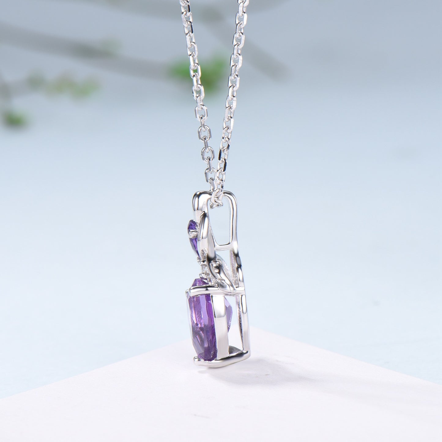 Unique Pear Shaped Purple Sapphire Pendant Necklace Nature Inspired Leaves Necklace Branch Leaf Vine Necklace Anniversary gift for Daughter - PENFINE