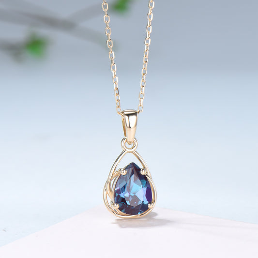 Celtic Knot Pear shaped alexandrite necklace solid 14k 18k rose gold vintage unique Personalized color change pendant anniversary gift women - PENFINE