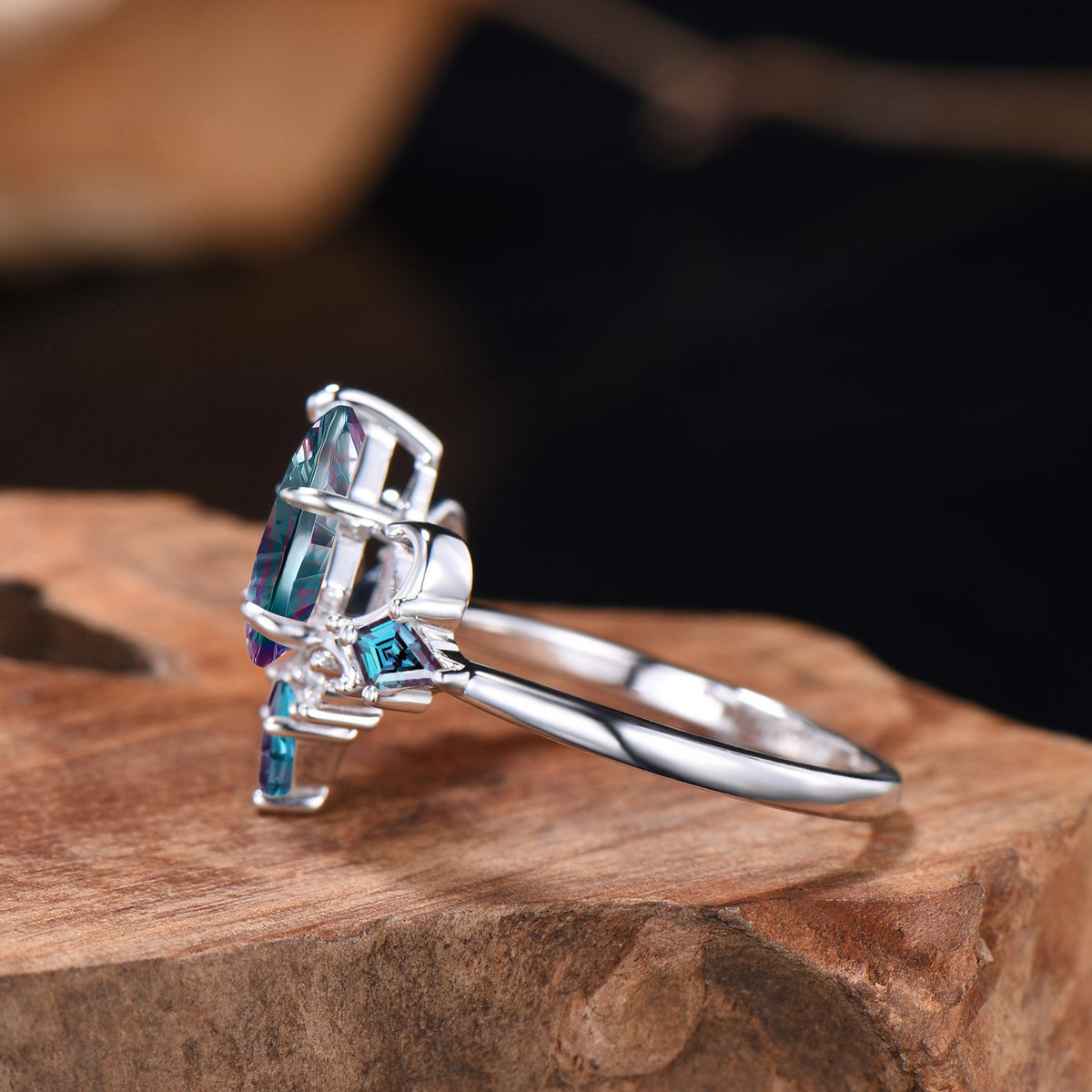 Act Deco Kite Shaped Fantasy Cut Color-change Alexandrite White Gold Engagement Ring
