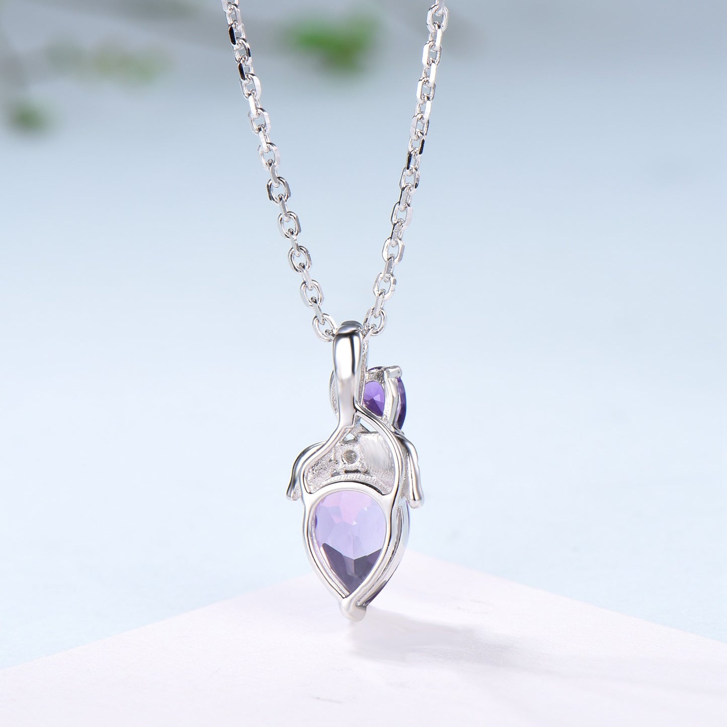 Unique Pear Shaped Purple Sapphire Pendant Necklace Nature Inspired Leaves Necklace Branch Leaf Vine Necklace Anniversary gift for Daughter - PENFINE