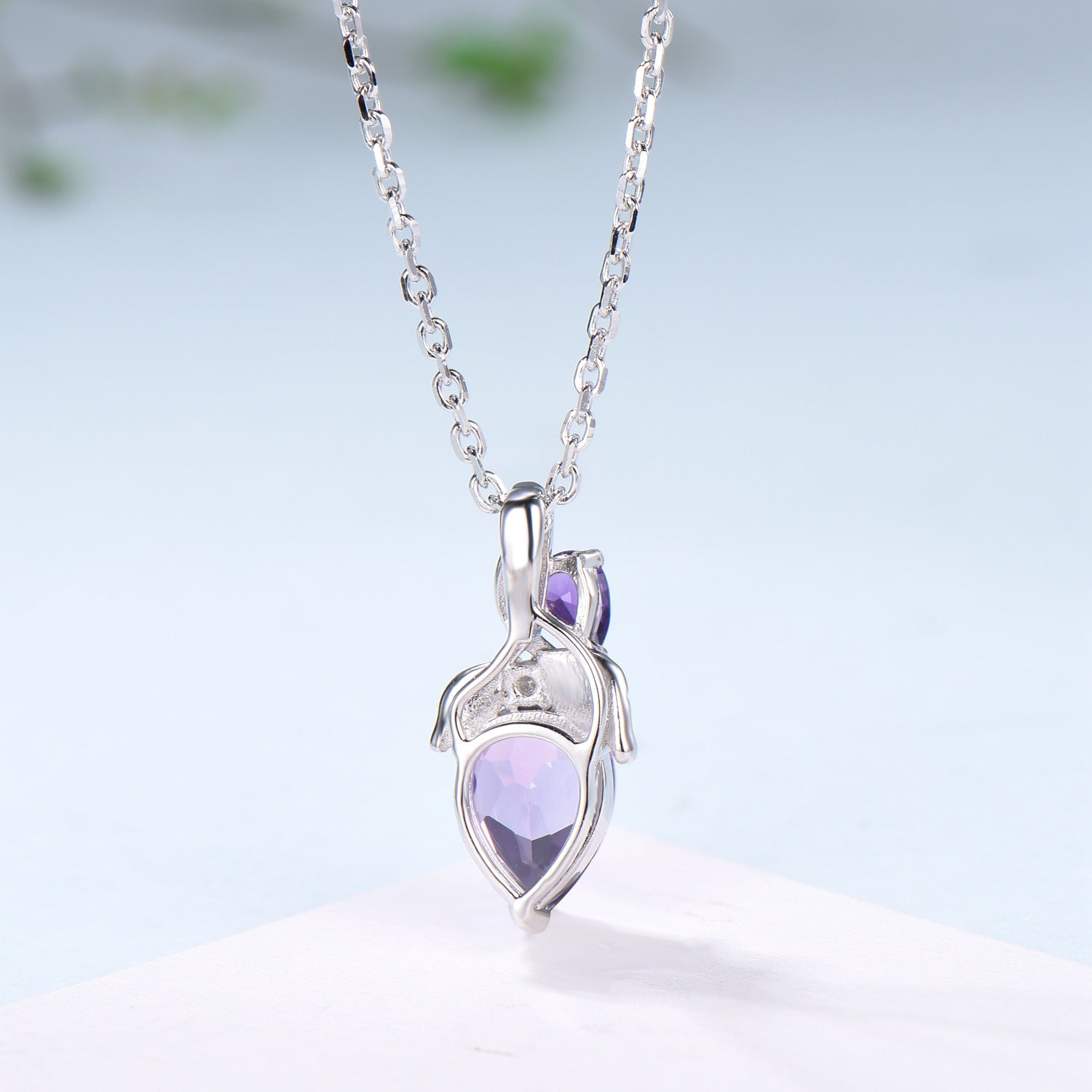 Unique Pear Shaped Purple Sapphire Pendant Necklace Nature Inspired Leaves Necklace Branch Leaf Vine Necklace Anniversary gift for Daughter - PENFINE