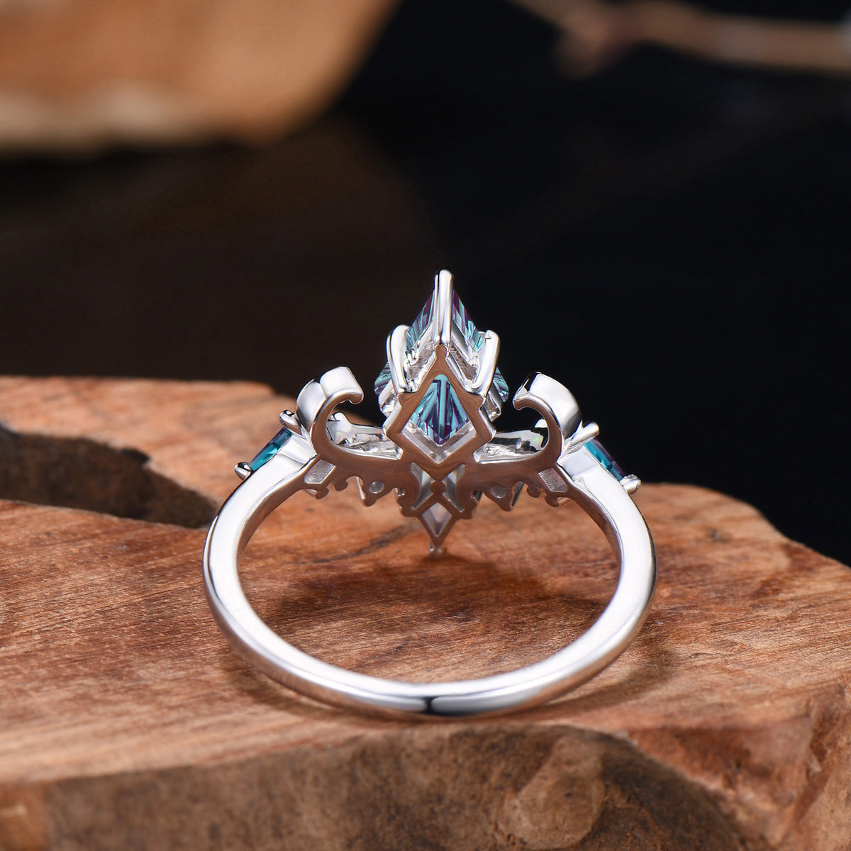 Act Deco Kite Shaped Fantasy Cut Color-change Alexandrite White Gold Engagement Ring