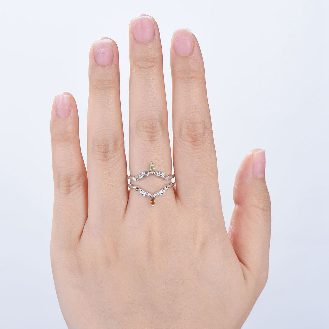 Vintage Citrine Peridot Wedding Band Ring Ladies Wedding Ring Women Unique Enhancer Stacking Bridal Matching Ring Rose Gold Anniversary Gift - PENFINE
