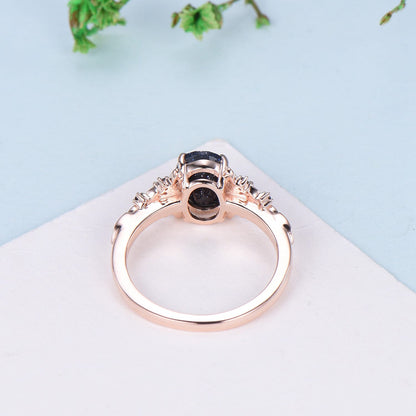 1.5CT Oval Star Blue Sandstone Ring Nature Inspired Leaf Band Celestial Galaxy Cluster Sapphire Jewelry