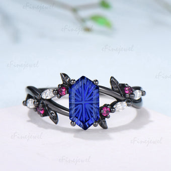 Hexagon Shaped Fantasy Cut Sapphire Split Shank Engagement Ring Ruby Moissanite Accent Ring