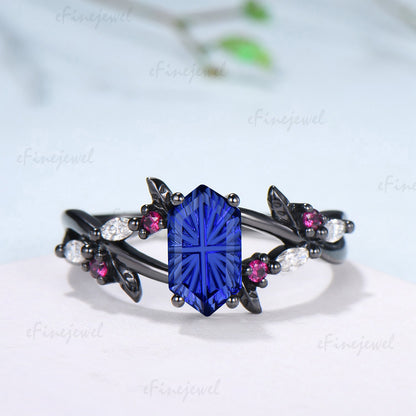 Hexagon Shaped Fantasy Cut Sapphire Split Shank Engagement Ring Ruby Moissanite Accent Ring