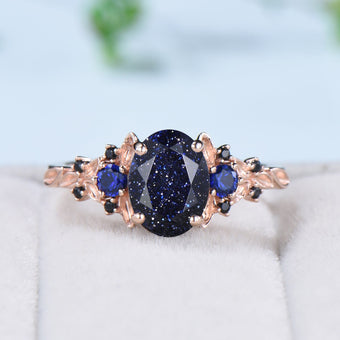 1.5CT Oval Star Blue Sandstone Ring Nature Inspired Leaf Band Celestial Galaxy Cluster Sapphire Jewelry
