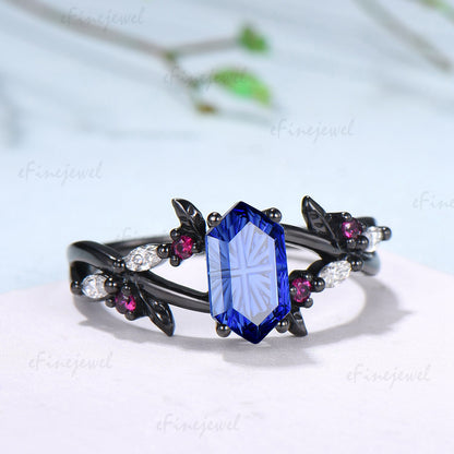 Hexagon Shaped Fantasy Cut Sapphire Split Shank Engagement Ring Ruby Moissanite Accent Ring