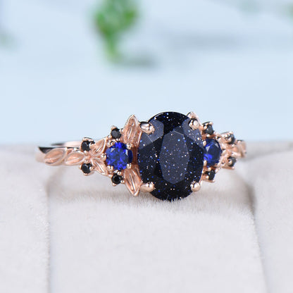 1.5CT Oval Star Blue Sandstone Ring Nature Inspired Leaf Band Celestial Galaxy Cluster Sapphire Jewelry