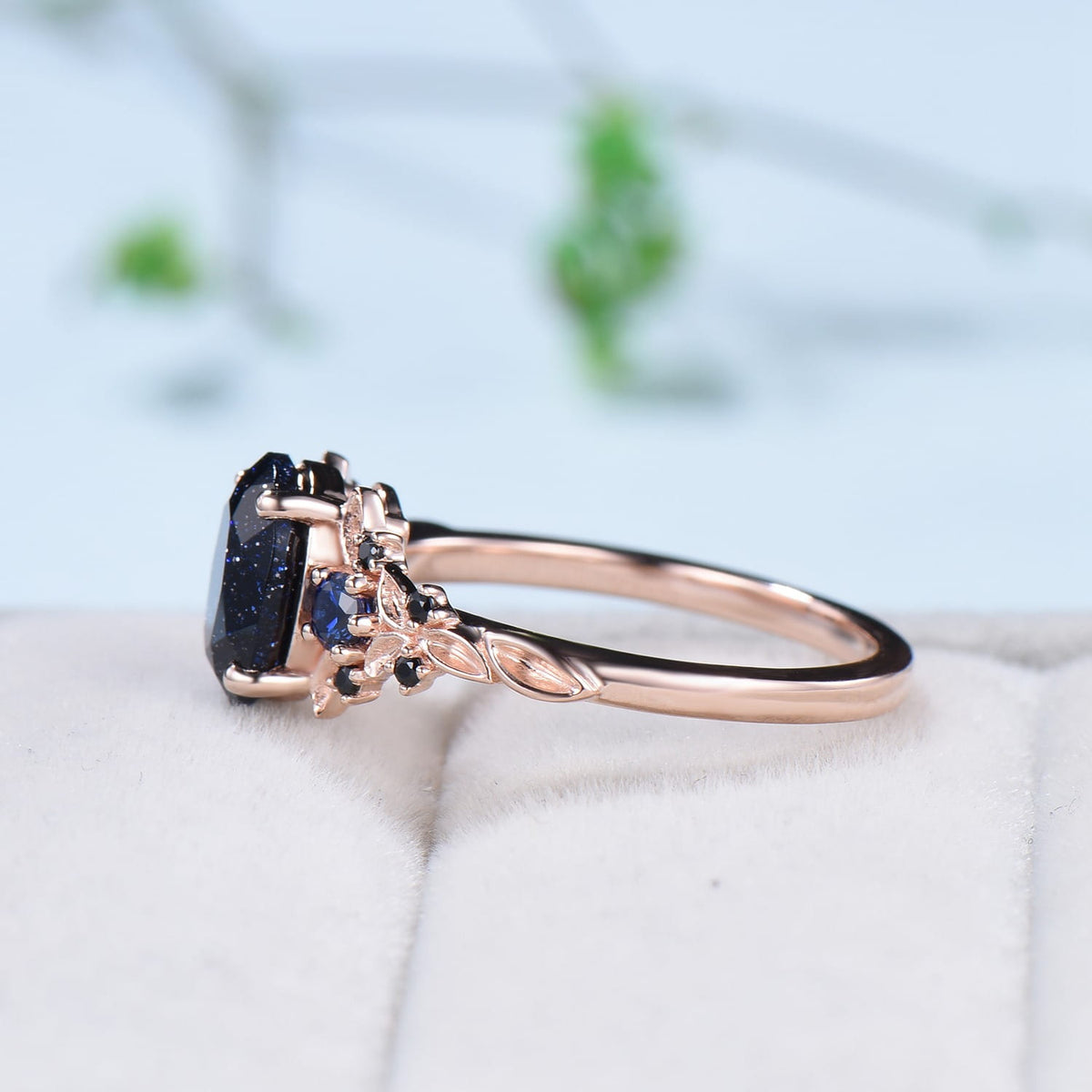 1.5CT Oval Star Blue Sandstone Ring Nature Inspired Leaf Band Celestial Galaxy Cluster Sapphire Jewelry